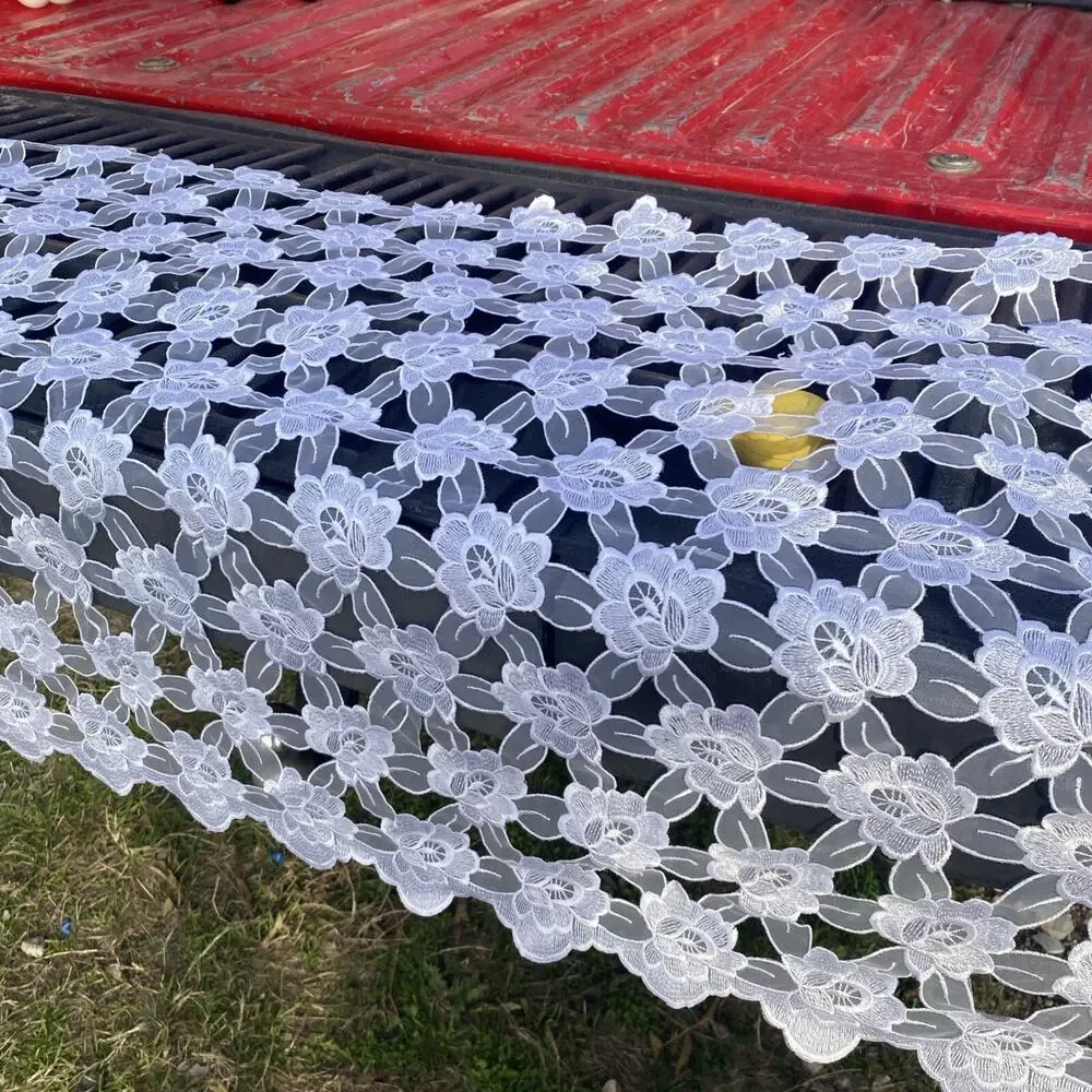 Elegant White Floral Lace Table Runner With Beige Tassels On Either End 80”x24”